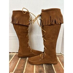 Minnetonka 1422 Brown Leather Knee High Fringe Moccasin Boots Womens Sz 7m